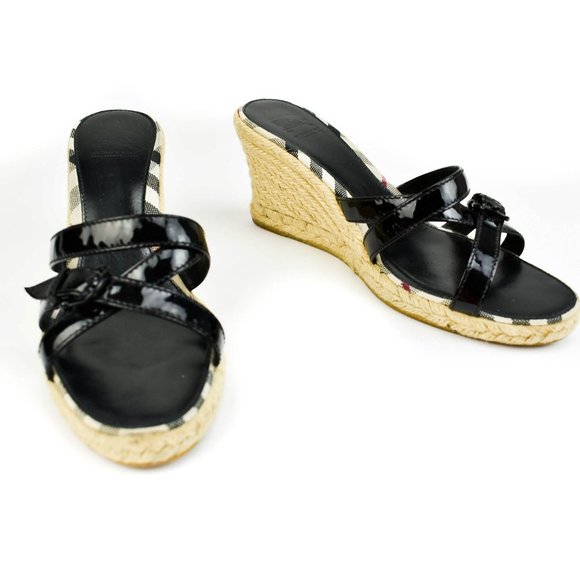 BURBERRY: Black Patent Leather & "Nova Check" Espadrille Sandals/Heels Sz: 9M (p - Picture 1 of 10